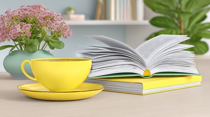 Relaxing scene Coffee cup, open book, flowers on a table, calm indoor setting, soft focus