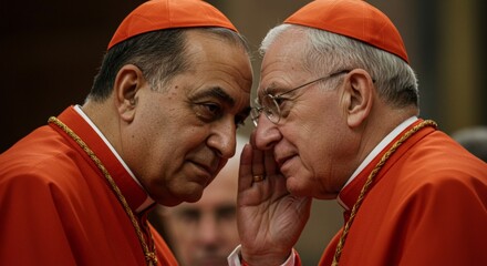 Two Catholic cardinals whispering during meeting