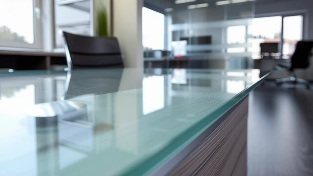 Modern office meeting room with glass table surface, empty chairs and bright natural lighting through large windows, representing corporate workspace.