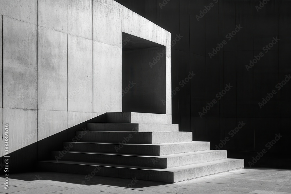 Poster Monochromatic view of a concrete staircase leading up to an opening, showcasing minimalist architecture and contrasting light and shadow.