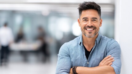 Confident Man Smiling in Office Setting - A middle-aged man with a warm smile, arms crossed, standing in a modern office environment. He exudes confidence and success