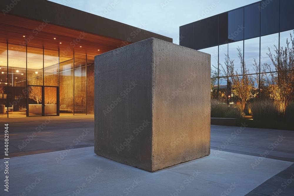 Leinwandbilder sculptural concrete cube at dusk in an architectural courtyard, with modern building and landscape v