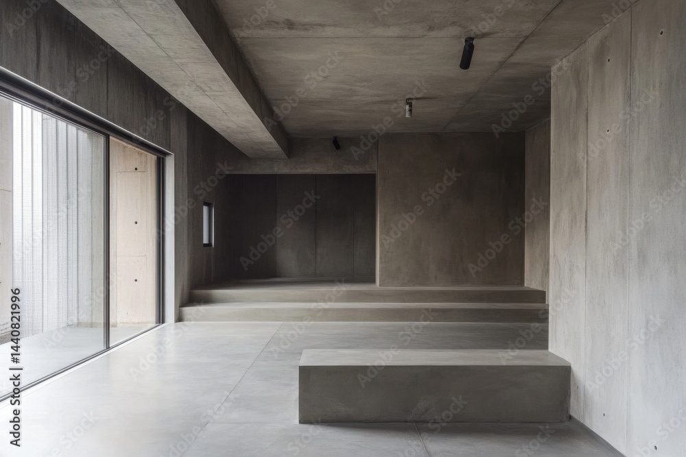 Poster minimalist architectural interior with exposed concrete, natural light from a large window, and rais