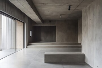Fototapeta premium Minimalist architectural interior with exposed concrete, natural light from a large window, and raised platform space.