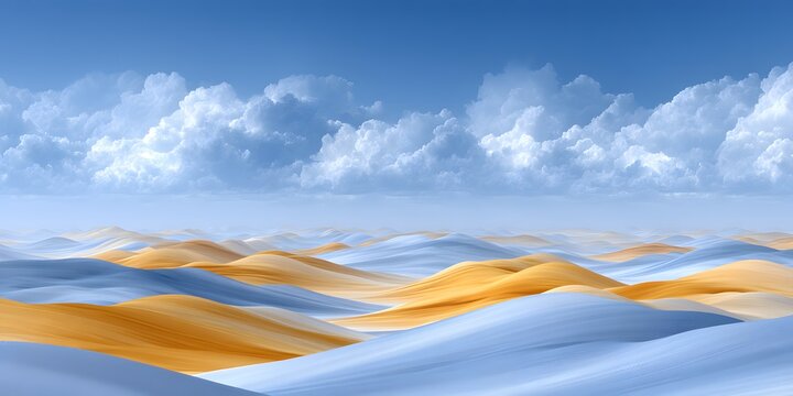 A serene view of rolling sand dunes under a bright blue sky adorned with fluffy white clouds
