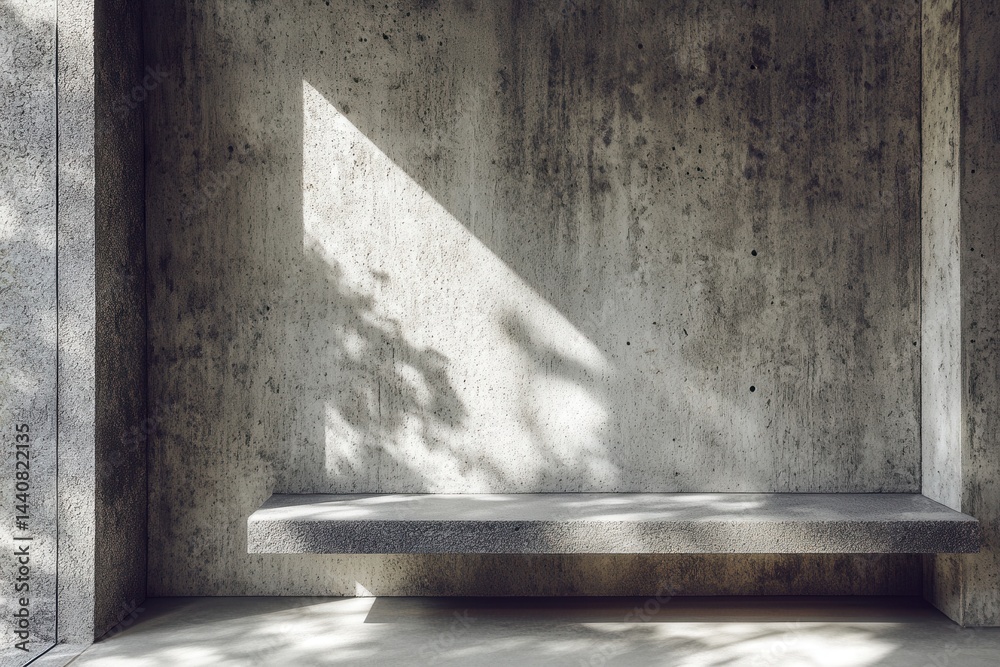 Poster Concrete wall with sunlight creating leaf shadows. A simple architectural interior. Minimalist and modern concrete space with a simple bench.