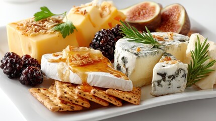 a beautifully arranged platter of assorted cheeses and crackers on a white isolated background, elegant and gourmet design