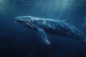 The picture of the blue whale is swimming in the ocean with the bright light of the sun, blue whale is the largest mammal animal known to have ever existed, both in terms of length and weight. AIG51.