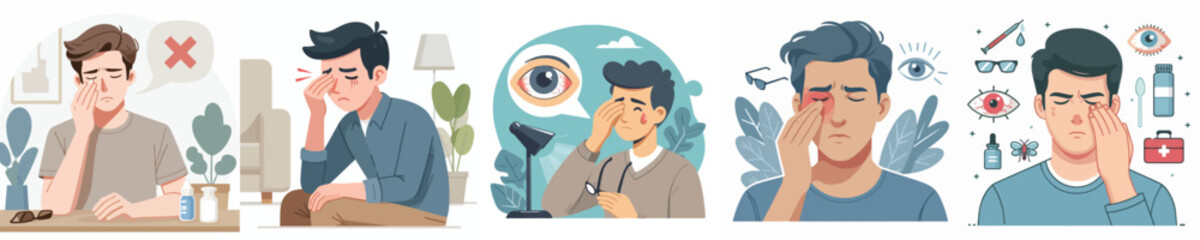 flat design vector collection of a young man with sore eyes
