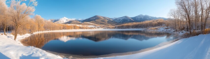 Serene 360 degree hdr landscape snowy lake mountain view nature environment