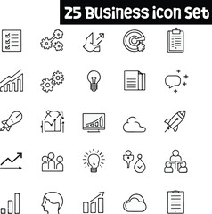 Professional Business Strategy Icons Collection in Line Style &ndash; Web and Mobile Apps &ndash; Featuring Research Actions, Solution Plans, Team Coordination, Marketing Development, Startup Business Models
