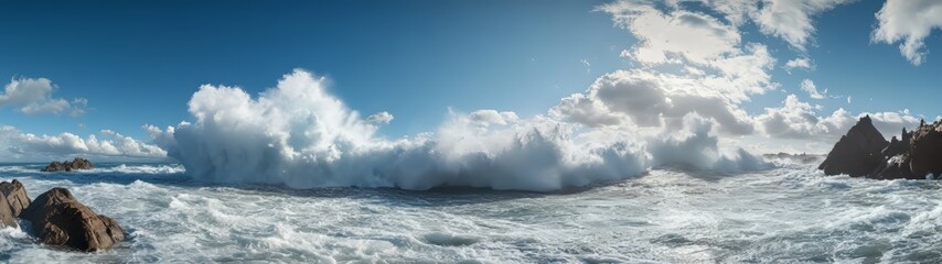 Fototapeta premium Waves crashing on rocky shore coastal landscape 360 degree hdr hdri view