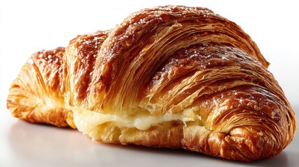 a close-up of a golden, flaky croissant with a buttery texture on a white isolated background, warm and delicious design
