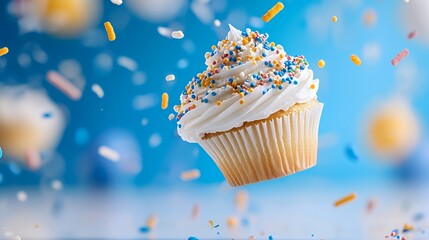 Cupcake Floating in Air with Colorful Sprinkles on Blue Background
