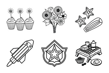 Obraz premium Black and white vector illustrations of cupcakes, flowers, rocket and star designs for celebrations