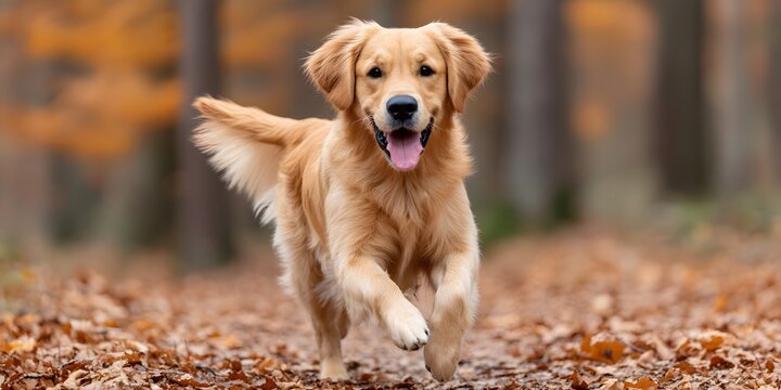 A joyful golden retriever runs through a colorful autumn forest, surrounded by fallen leaves. The dog's playful expression captures the essence of happiness and freedom in nature.