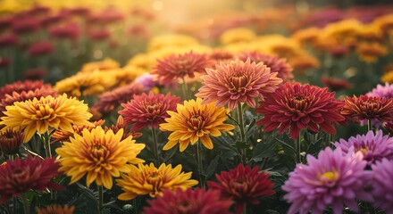 Blooming Flowers Field with Colorful Chrysanthemums in Sunlight