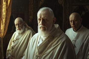 Naklejka premium Secret meeting of priests gathered in a dimly lit room, discussing confidential matters, evoking mystery and solemnity