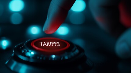 Finger hovering over a nuclear red button with Tariffs