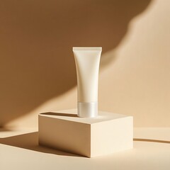 Beige cream tube with sunlit studio. (1)