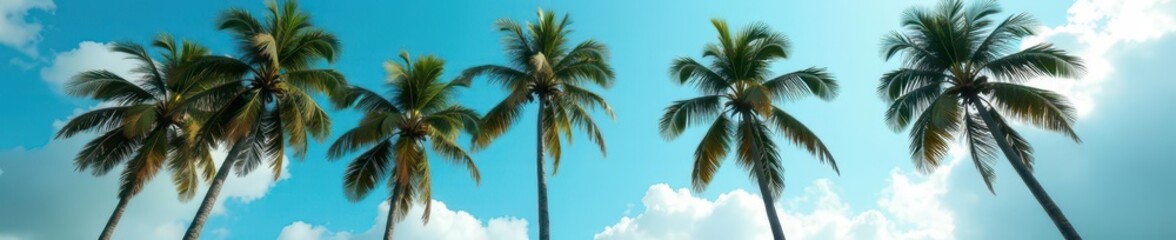 Majestic coconut palms stand tall, their fronds waving gently against a cloudy azure sky , stock photo, sea