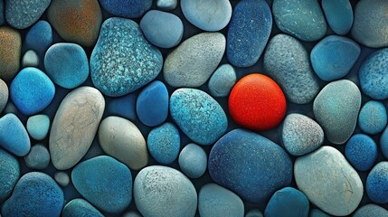 A vibrant, textured, colorful stone background with a single red stone in the center