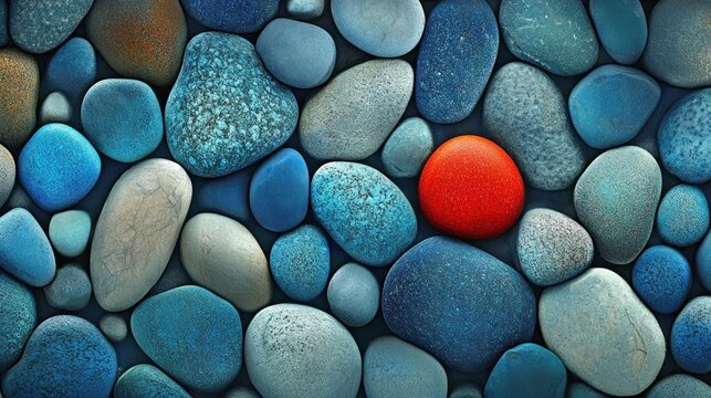 A vibrant, textured, colorful stone background with a single red stone in the center