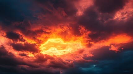 Fototapeta premium A stunning sunset paints the sky with orange and red hues surrounded by dark, moody clouds creating a dramatic atmosphere.