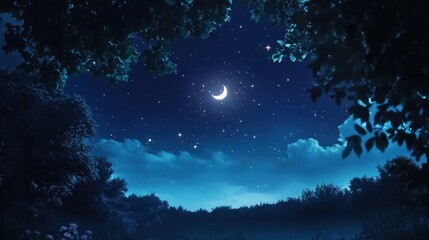 Naklejka premium A calming night scene with a crescent moon and twinkling stars above a serene landscape in blues and greens.