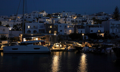 The beautiful fishing village of Naoussa, Paros in the Greek Cyclades in the early evening.