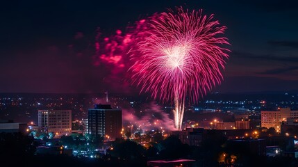 Fiery Night Sky: A vibrant display of fireworks illuminates the night sky over a cityscape, celebrating a special occasion with bursts of color and light. 