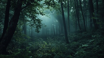 Obraz premium Mysterious Forest with Fog: A Quiet Path Through Dense Trees Under Whispering Leaves