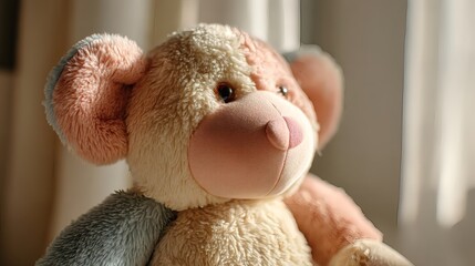 A charming close-up of a multi-colored teddy bear, with soft fur and gentle expression, captures the essence of childhood and comfort