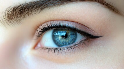 Obraz premium A close up of a blue eye with eyeliner and long eyelashes and an eyebrow in soft focus detail
