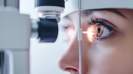 Close up of a woman's eye being examined with an ophthalmic instrument during an eye exam procedure © Mitchell