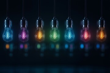 Row of 7 lightbulbs each with a different colour against black background with a soft blurred reflective colours on the floor