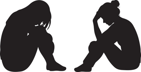 silhouette design of sitting depressed women vector art illustration