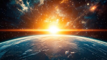 Obraz premium Stunning View of Earth and Sunrise in Space, Capturing the Beauty of Our Planet and the Universe Beyond