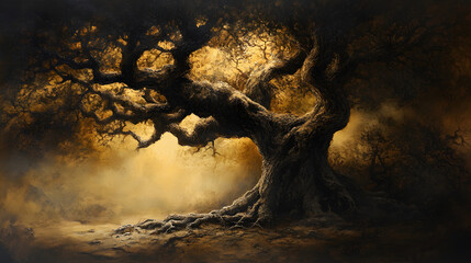 A detailed painting of an old tree, its roots deep in the ground, symbolizing wisdom, strength, and endurance over time.