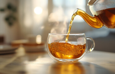 Pouring hot tea into a glass cup
