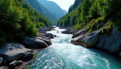 Steep mountain river with whitewater rapids and falls , landscape, shadow, green