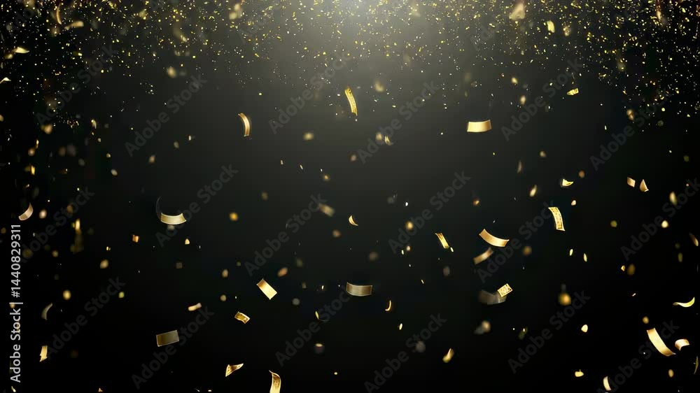 Poster gold confetti falling in a loop on a black background with glittering festive particles