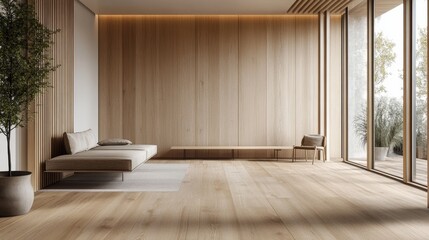 Obraz premium Minimalist modern living room with wooden interior and large windows for natural light