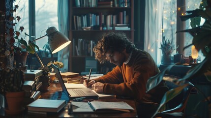 A writer and mentor brainstorming ideas on a notepad in a cozy creative space with books and a laptop on the table.