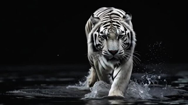 Majestic white tiger walking through water slow motion elegant animal wildlife