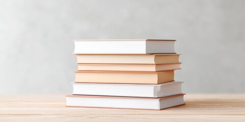Stack of five hardcover books on wooden table
