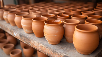 Clay pots drying on shelves in pottery workshop