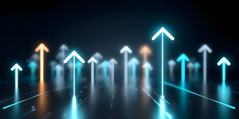 Fototapeta premium A futuristic digital concept showcasing glowing arrows pointing upward, symbolizing growth, progress, and innovation in technology and business achievements.