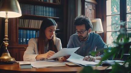 Two professionals collaborating on a business project, reviewing documents at a clean wooden desk in a corporate setting.