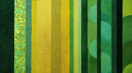 Textured green and yellow stripes and patterns in vertical alignment